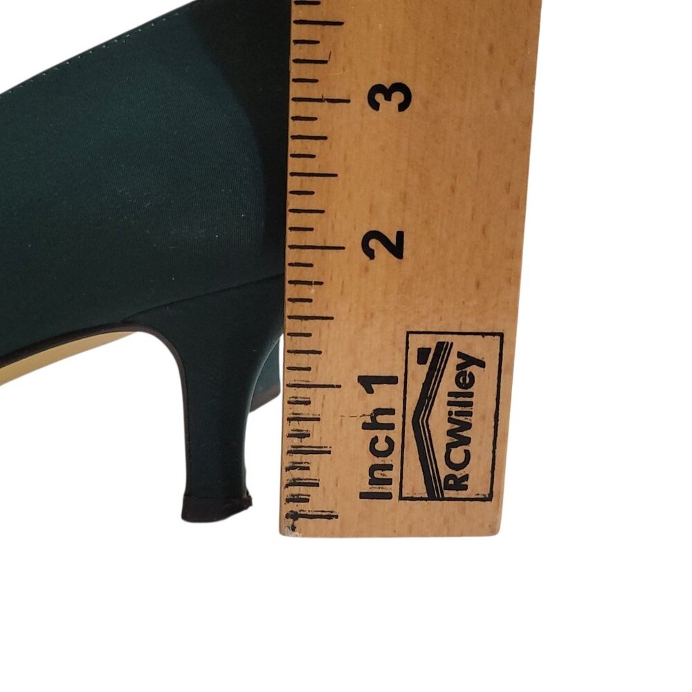 Vintage Laura Scott Green Satin Kitten Heel Shoes Size 6.5 With Button Detail - Picture 3 of 16